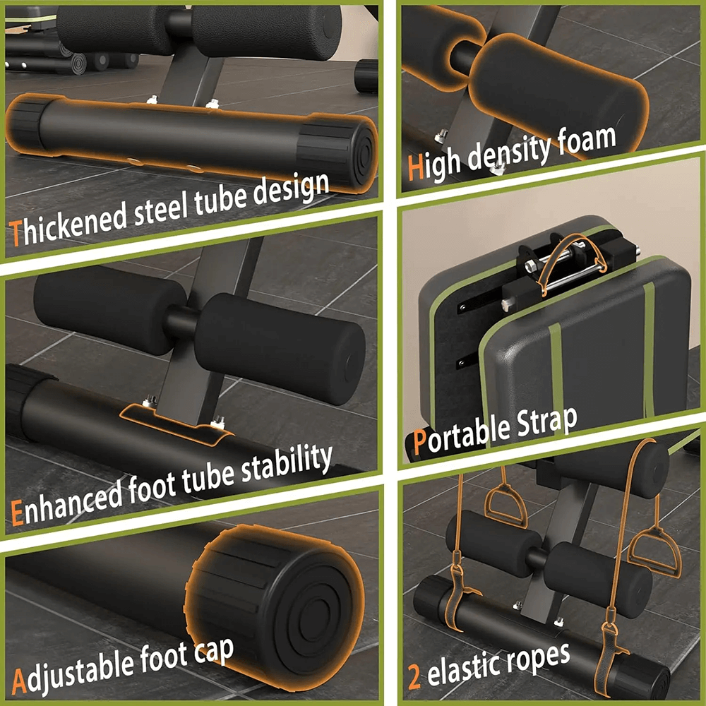 Features of Foldable Weight Bench for Full-Body Workout - SF3443: high density foam, thick steel design, portable strap, stable foot tube.
