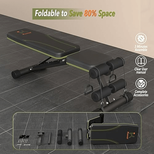 Foldable Weight Bench for Full-Body Workout - SF3443 showing its foldable feature to save space and included accessories.