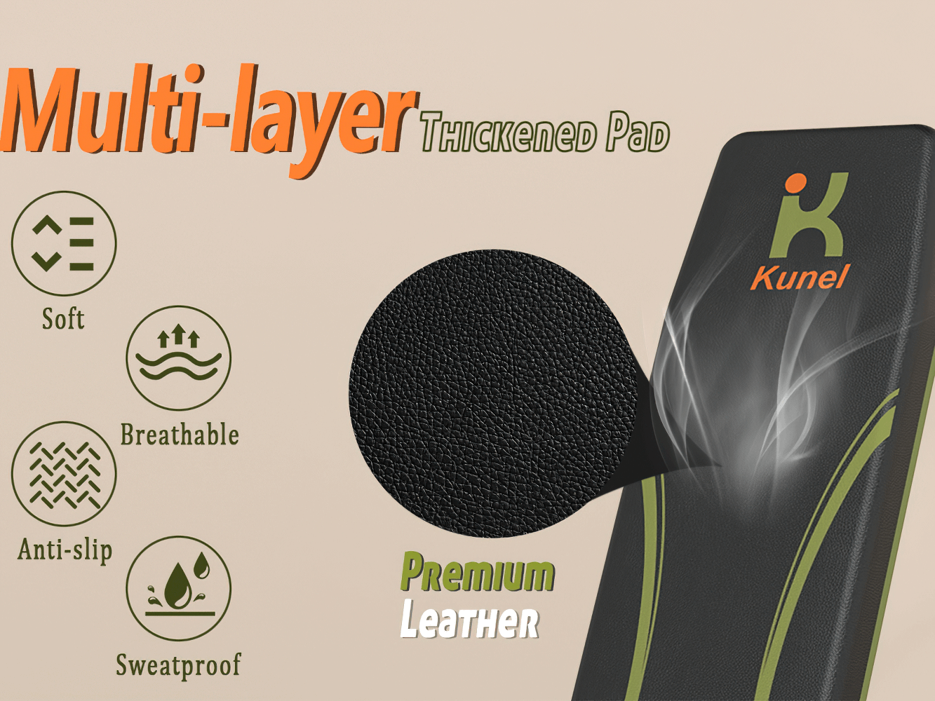 Illustration highlighting features of Kunel's foldable weight bench pad: soft, breathable, anti-slip, sweatproof, and premium leather.