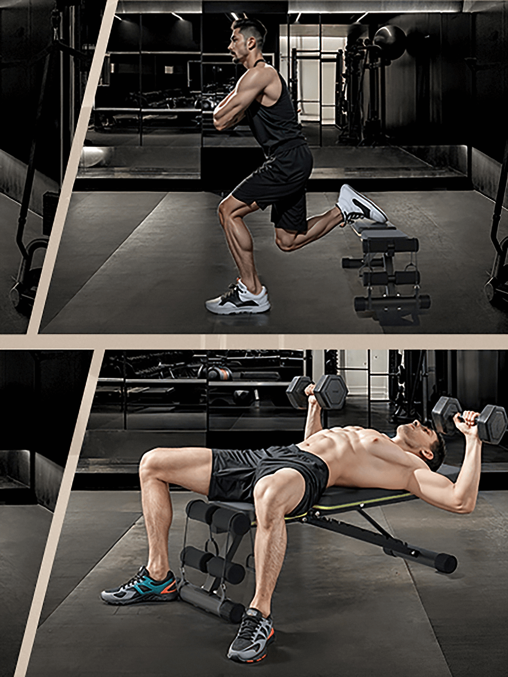Man using Foldable Weight Bench for Full-Body Workout - SF3443 performing exercises in home gym setting.