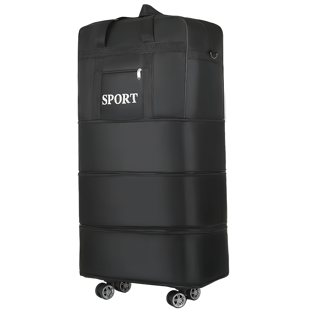 Black foldable wheeled luggage bag SF2660 with detachable wheels and sport logo, perfect for travel efficiency and storage.