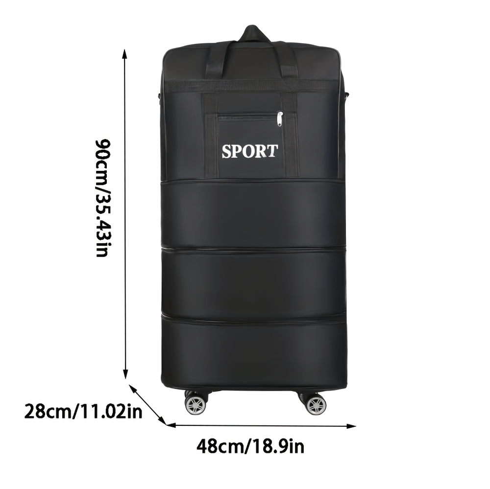 Foldable wheeled luggage bag with detachable wheels, 90cm x 48cm x 28cm, ideal for efficient travel and storage.