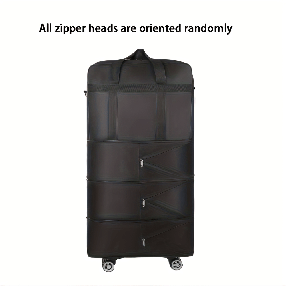 Extra-large foldable wheeled luggage bag with detachable wheels and four compartments. Luggage front view showing zipper heads.