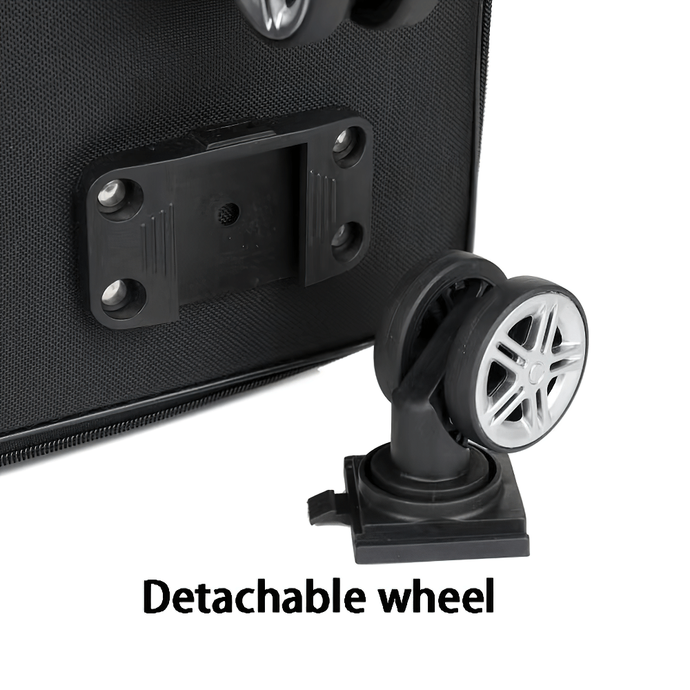 Close-up of detachable wheel mechanism on foldable wheeled luggage bag for travel convenience SF2660.