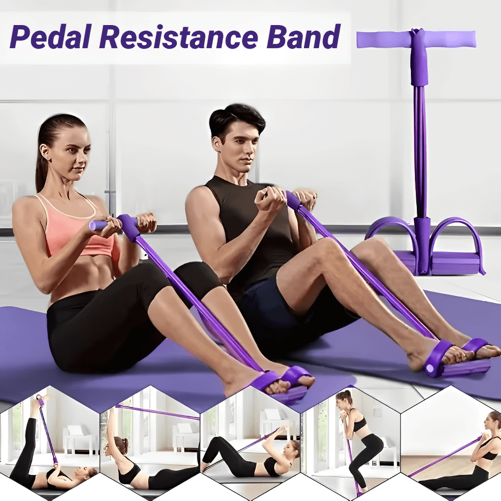 Couple using Four-Tube Pedal Resistance Band for full-body workout. Ideal for yoga, pilates, and strength training. Lightweight fitness tool.