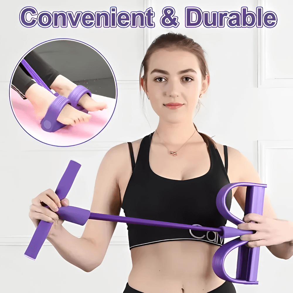 Woman exercising with purple Four-Tube Pedal Resistance Band, ideal for home workouts like yoga, pilates, and strength training.