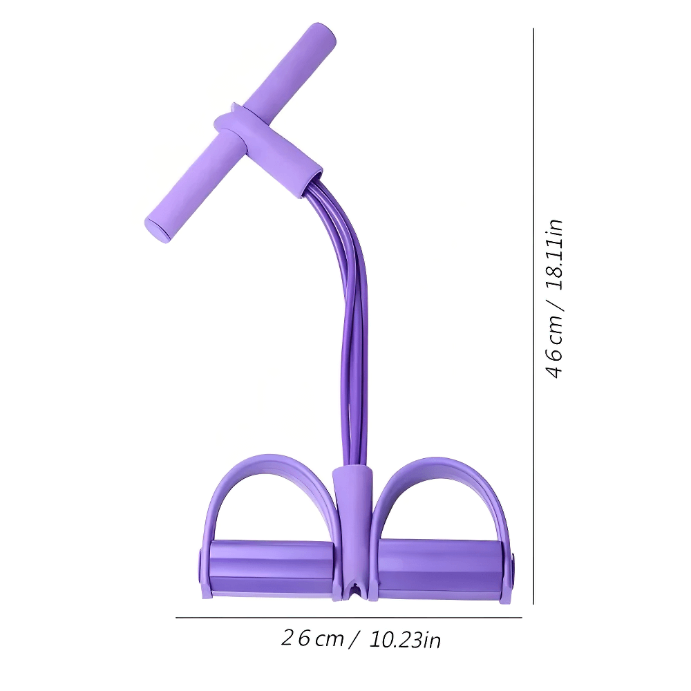 Purple four-tube pedal resistance band for yoga and strength training, ideal for ab and arm workouts, shown with dimensions.
