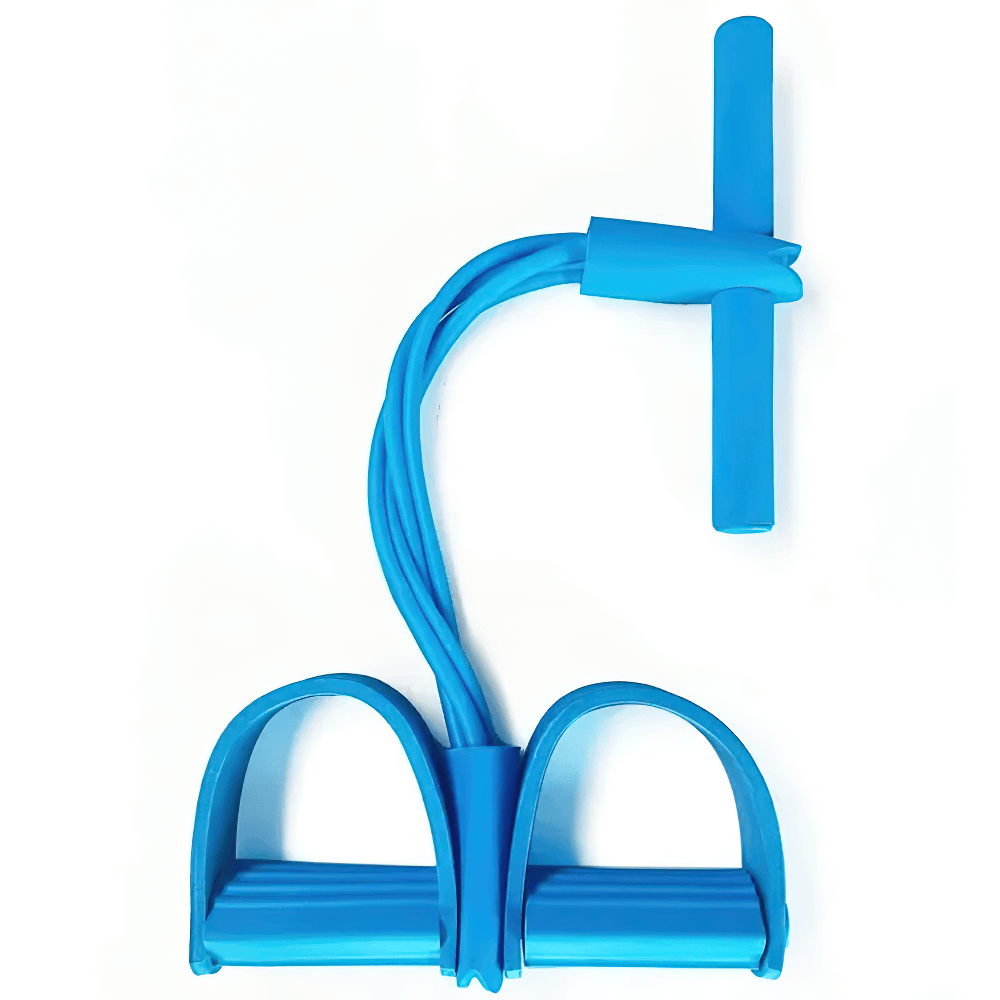 Four-Tube Pedal Resistance Band in blue for yoga, pilates, and full-body workouts, targeting abs and arms, lightweight and portable.