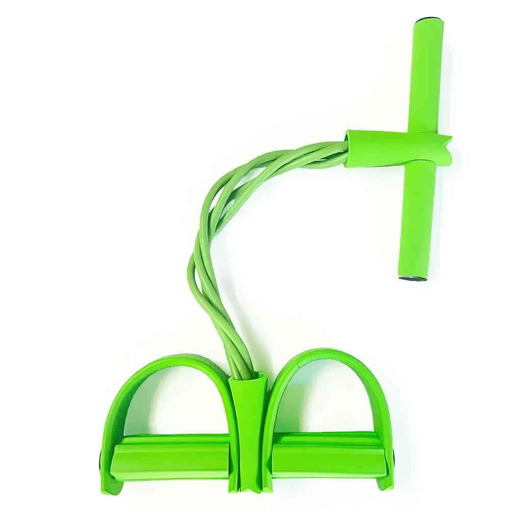 Green four-tube pedal resistance band for yoga and strength training, ideal for full-body home workouts. Lightweight and portable.