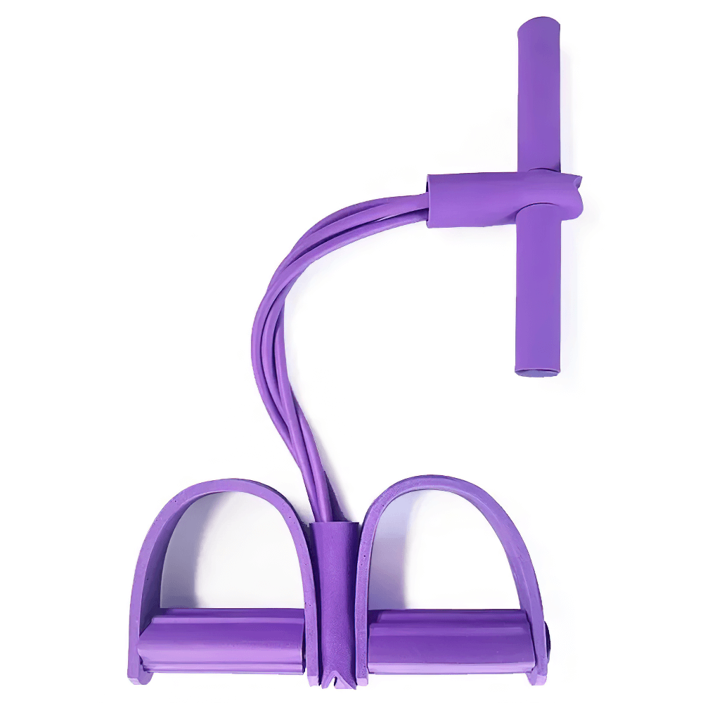 Purple four-tube pedal resistance band for home workouts, yoga, pilates, and strength training, featuring durable elastic bands.