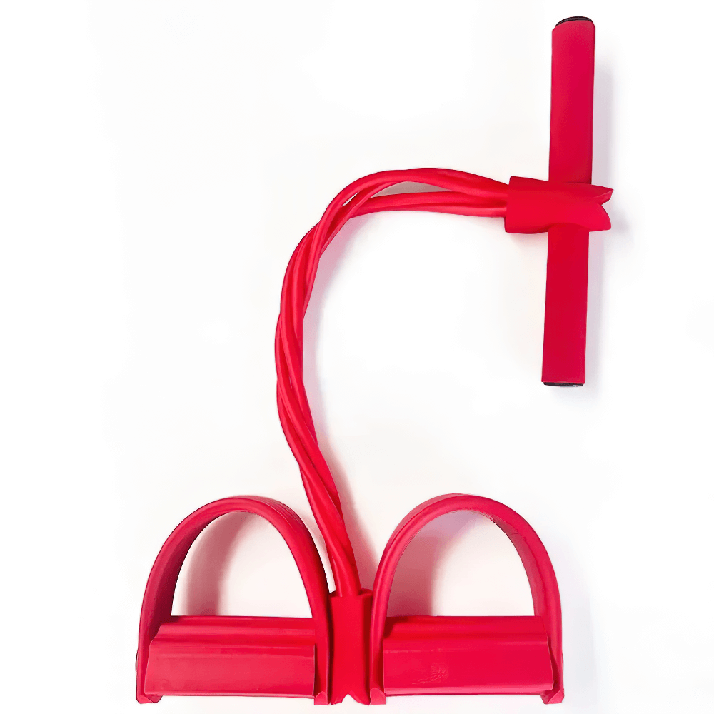 Red four-tube pedal resistance band for home workouts, perfect for yoga, pilates, and strength training targeting abs, arms, legs, and shoulders.