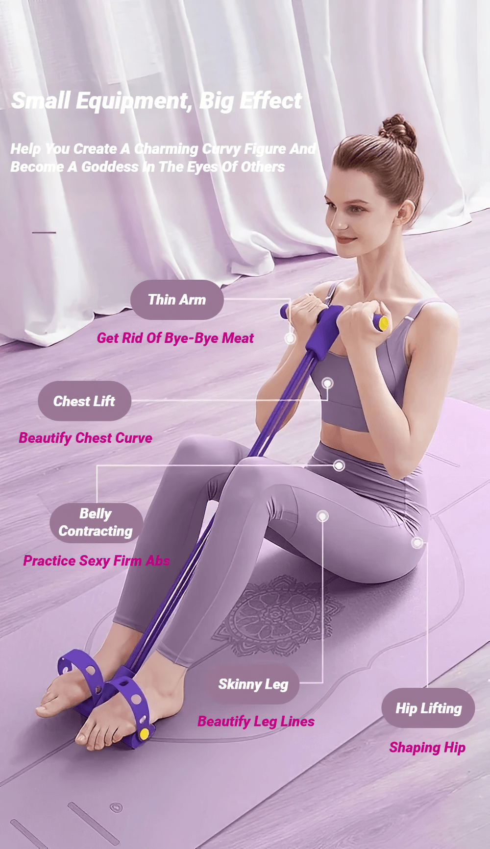 Woman using a purple four-tube pedal resistance band for a full-body workout focusing on arms, legs, and core strengthening.