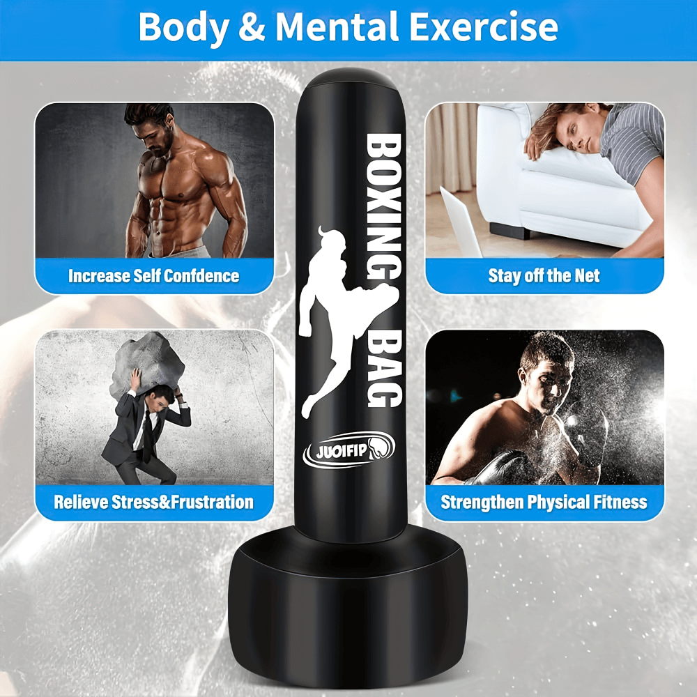 Freestanding boxing bag promoting body and mental exercise benefits such as self-confidence, stress relief, and physical fitness.