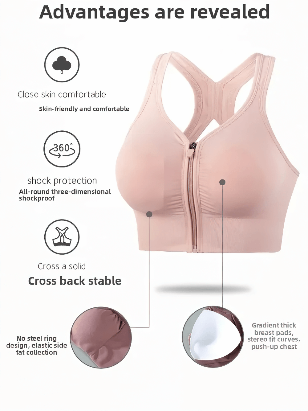 Front Zip Crossback Sports Bra with Push Up Pads - SF4004 with padding for support and comfort, ideal for gym, running, and HIIT.