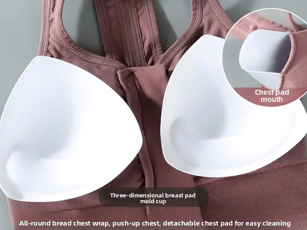 Front Zip Crossback Sports Bra with Push Up Pads - SF4004 showing pads and front zip detail