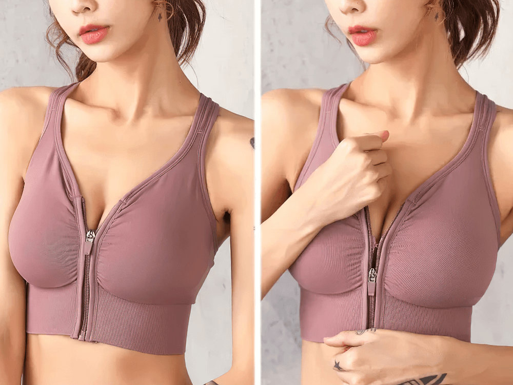 Front Zip Crossback Sports Bra with Push Up Pads - SF4004 in mauve, featuring a zip-front and crossback design for high support.