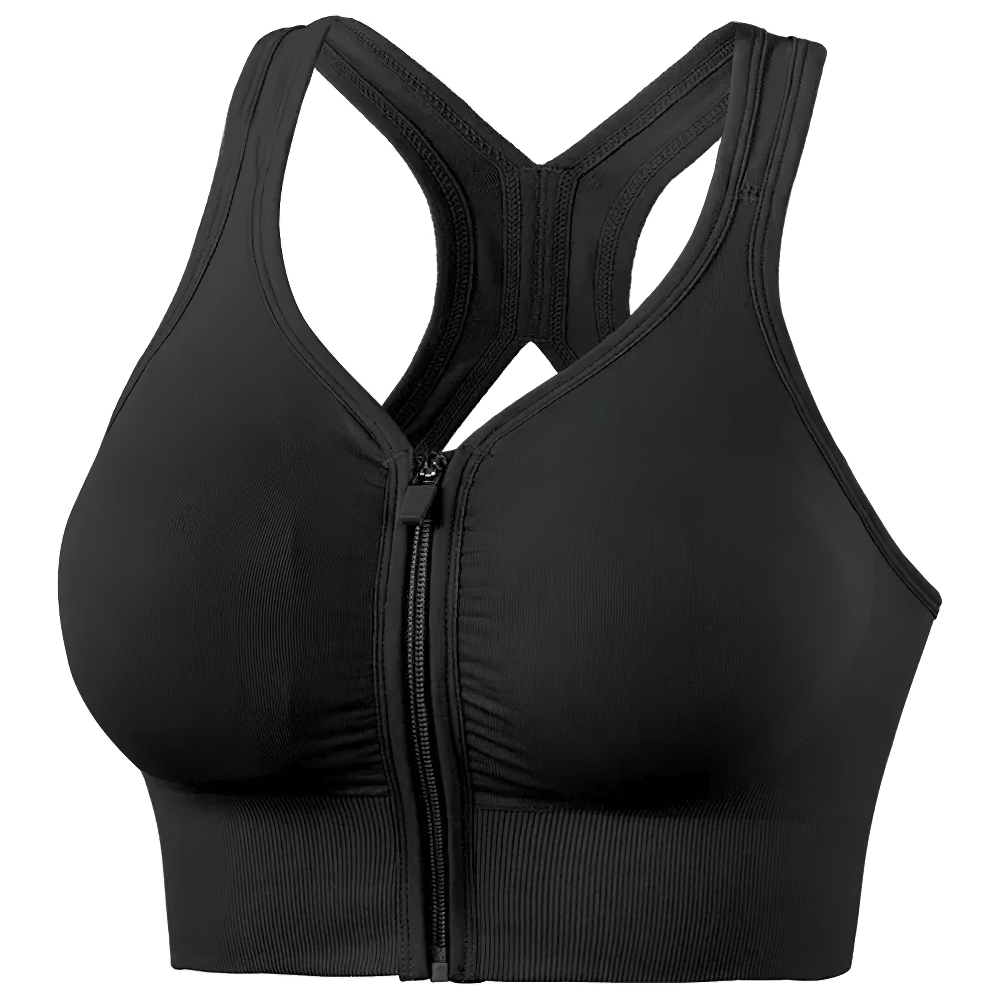 Front Zip Crossback Sports Bra with Push Up Pads - SF4004, high support, zip-front, black active bra for gym and running.