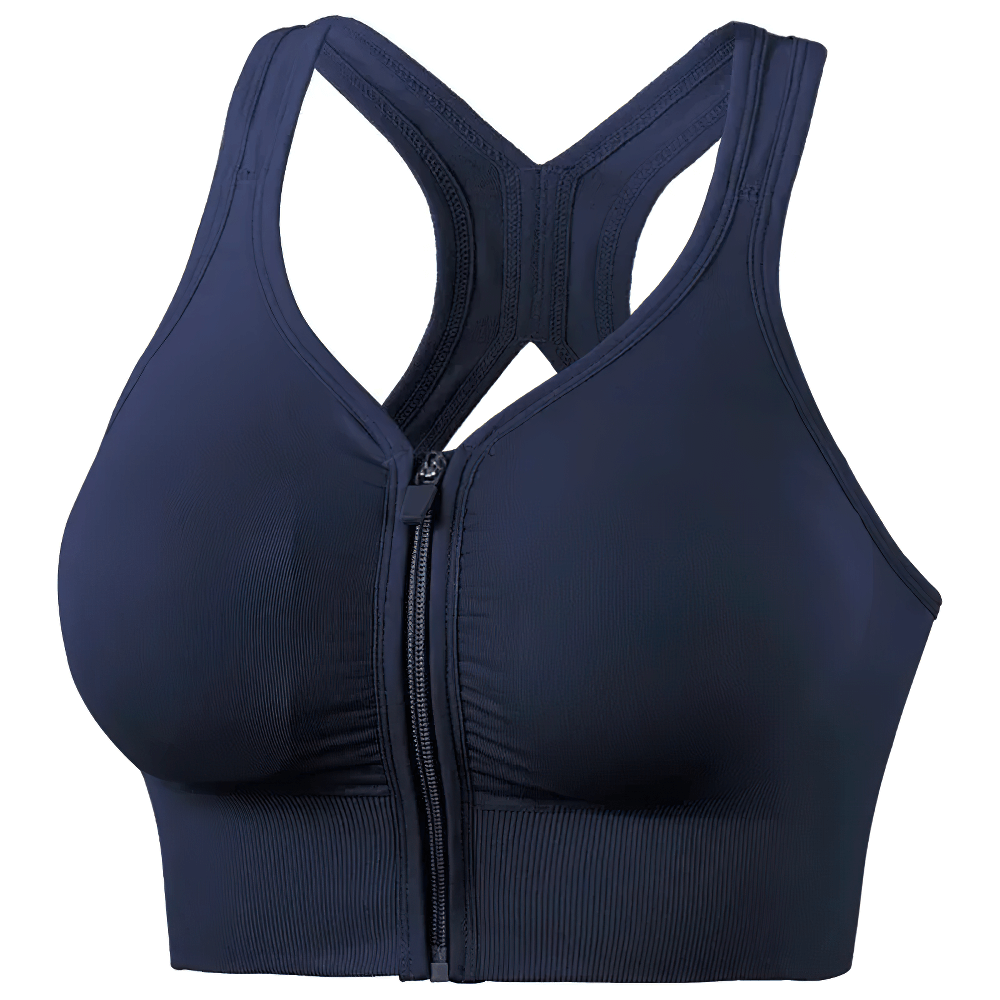Front Zip Crossback Sports Bra with Push Up Pads - SF4004 in navy blue, featuring a stable crossback design for high support during workouts.