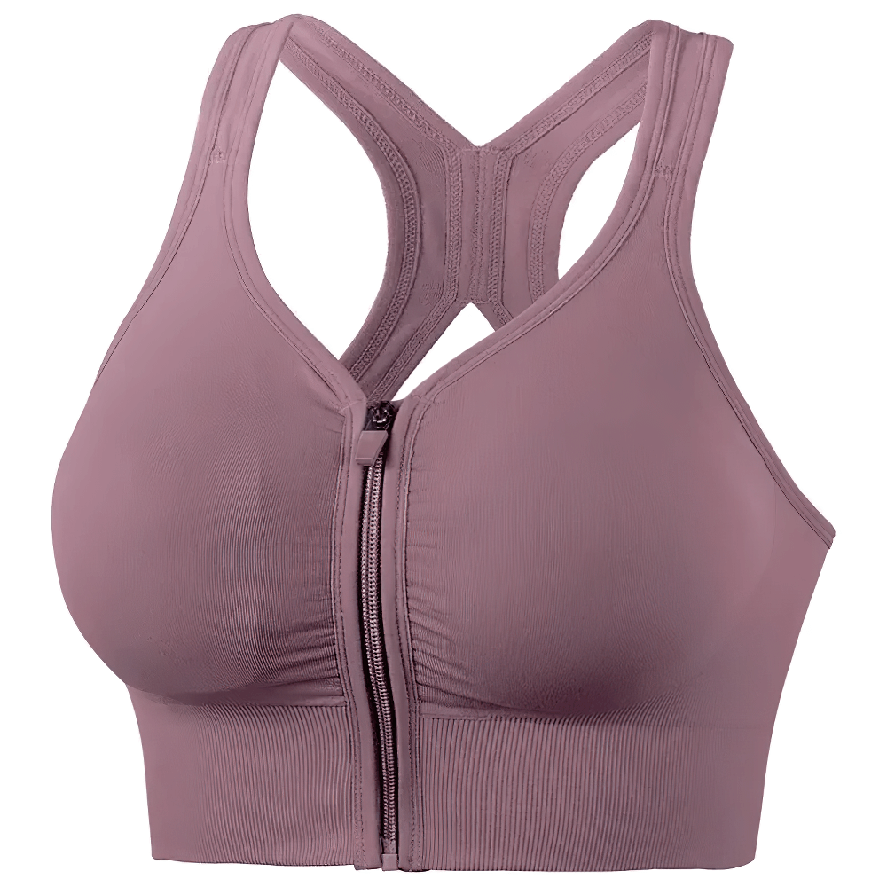 Front Zip Crossback Sports Bra with Push Up Pads - SF4004 in a smooth purple design, ideal for high-impact workouts and comfort.