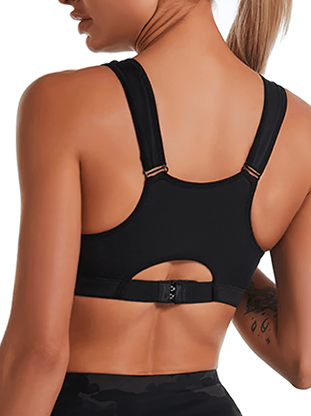 Back view of Front-Zip Sports Bra with Adjustable Straps - SF4035, showcasing breathable fabric and adjustable straps.