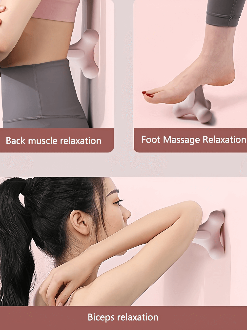 Versatile handheld massage tool in use for back, foot, and biceps relaxation, ideal for deep tissue relief and muscle recovery.