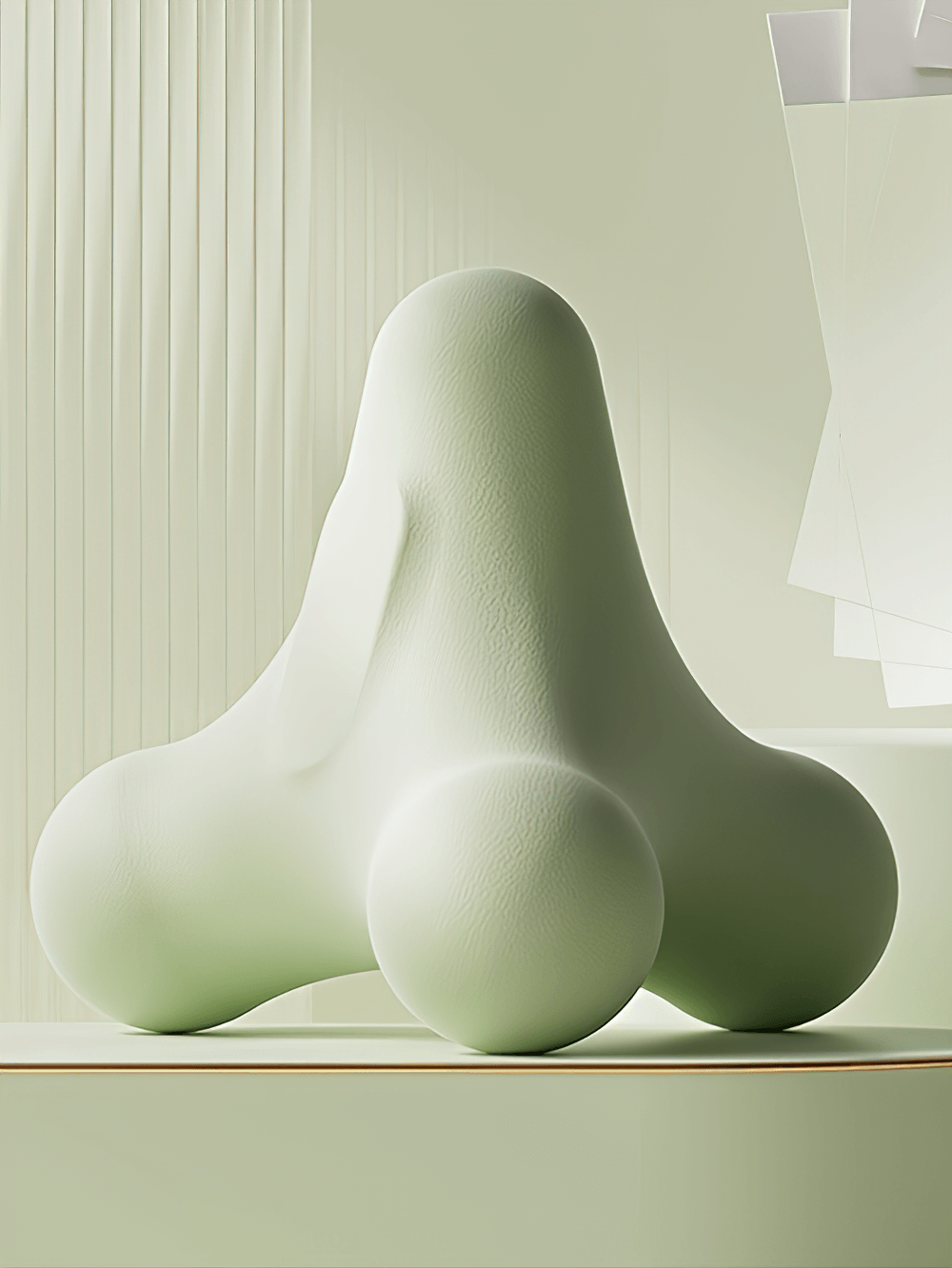 Modern minimalist green sculpture with abstract shape on display.