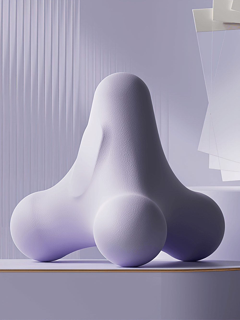 Stylish modern abstract sculpture in soft lavender tones, featuring a unique rounded design on display over a contemporary backdrop.