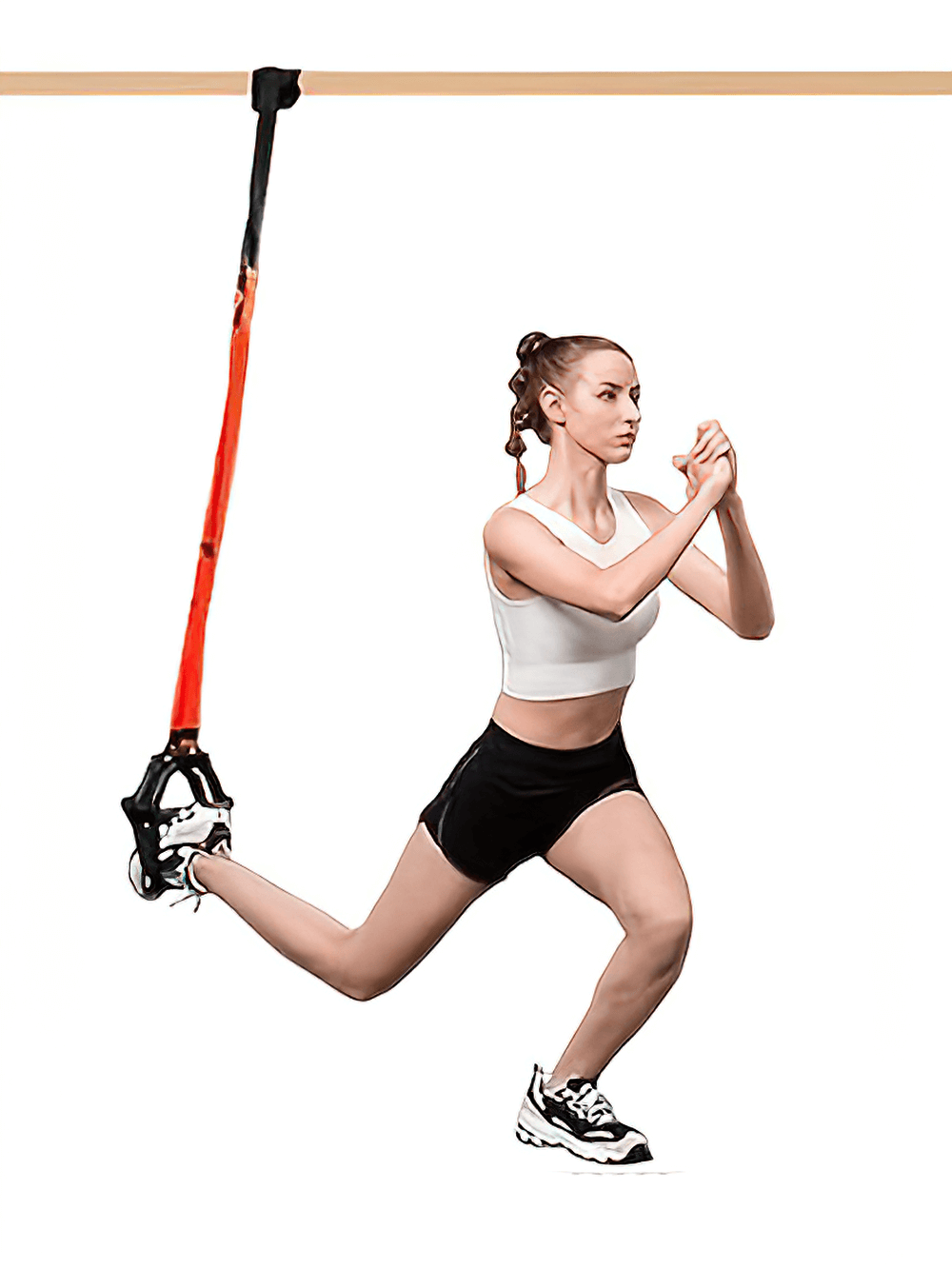 Woman using SF2899 resistance training straps for strength and core workout at home.