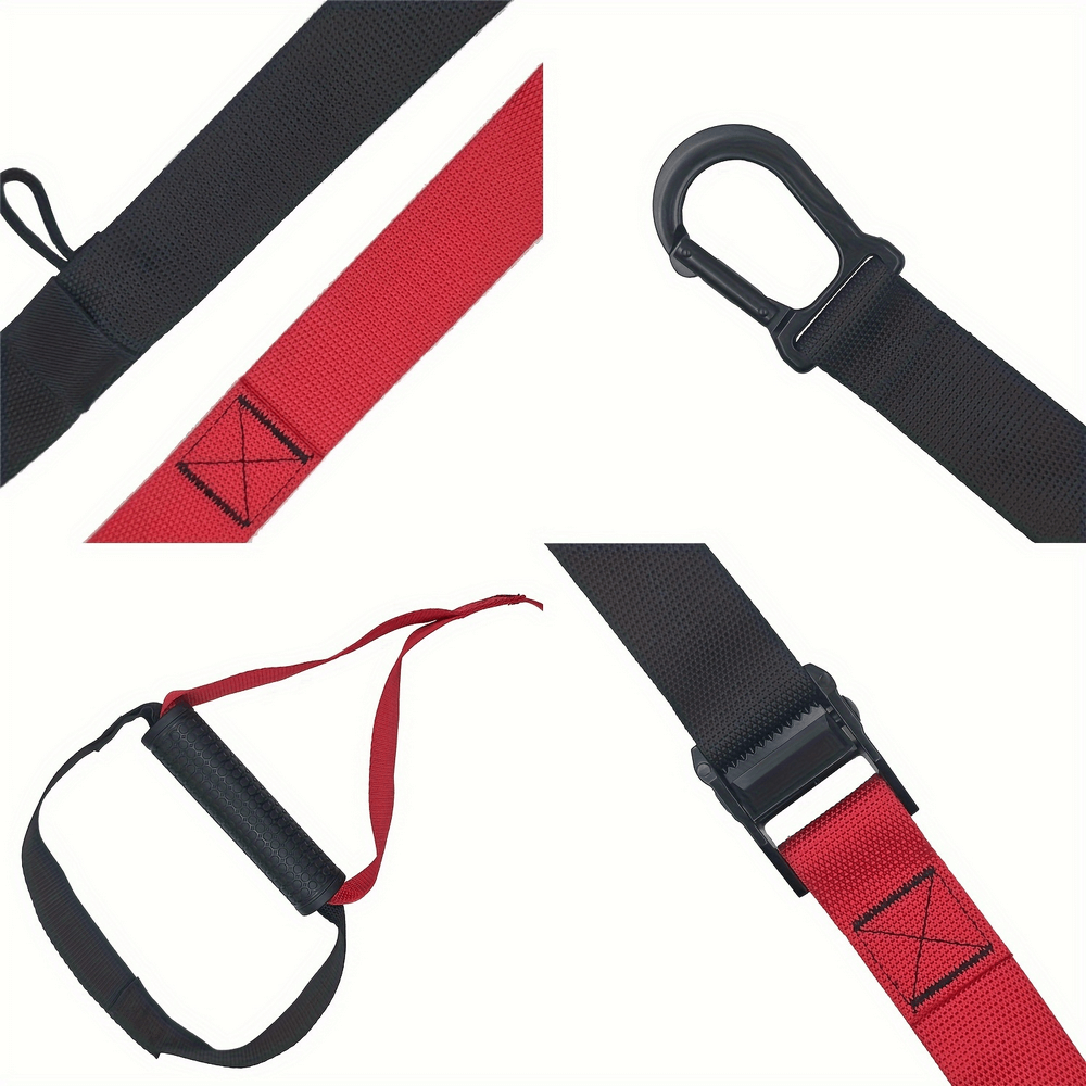 Close-up of SF2899 resistance training straps set showing nylon straps, extension band, and secure metal hooks for strength workouts.