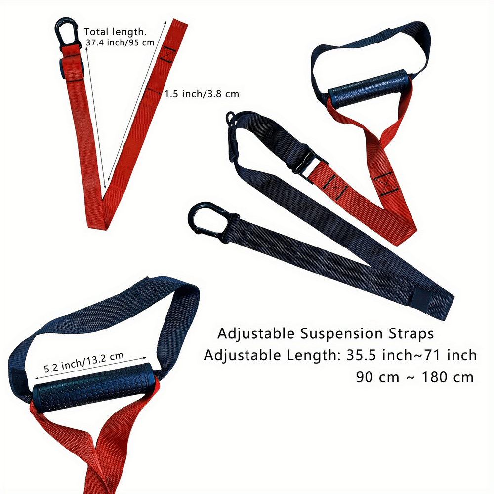 Adjustable suspension trainer straps for full body workouts, featuring durable nylon material and adjustable extension for versatility.