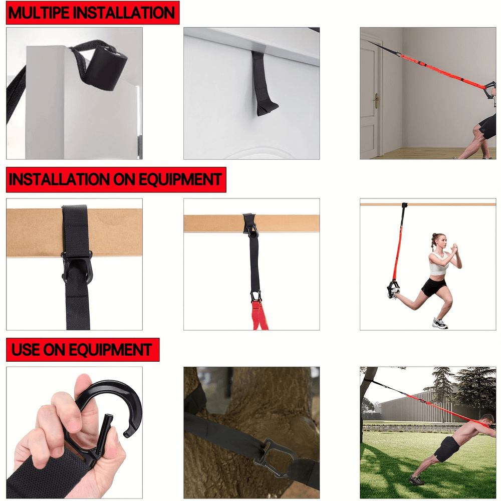 Image showing multiple ways to install and use the SF2899 Suspension Trainer with adjustable straps for home workouts and strength training.