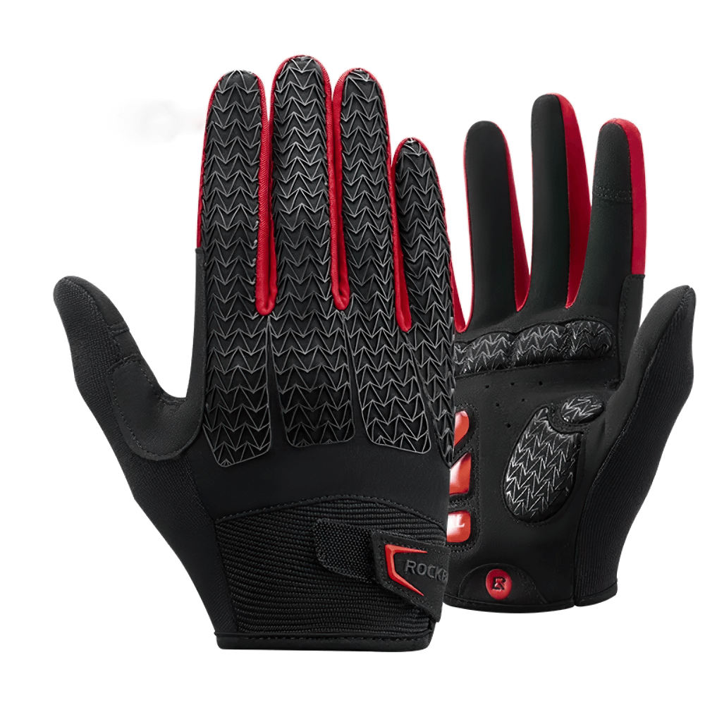 Full finger cycling gloves featuring non-slip grip, waterproof Lycra, and sensitive touchscreen fingertips for biking comfort.