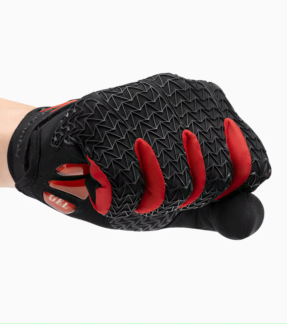 Black and red full finger waterproof cycling gloves with non-slip silicone grip and touchscreen fingertips, perfect for mountain rides.