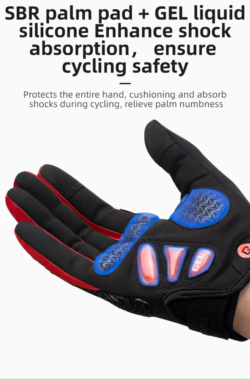 Full Finger Cycling Gloves featuring SBR palm pad and GEL silicone for shock absorption and enhanced cycling safety.