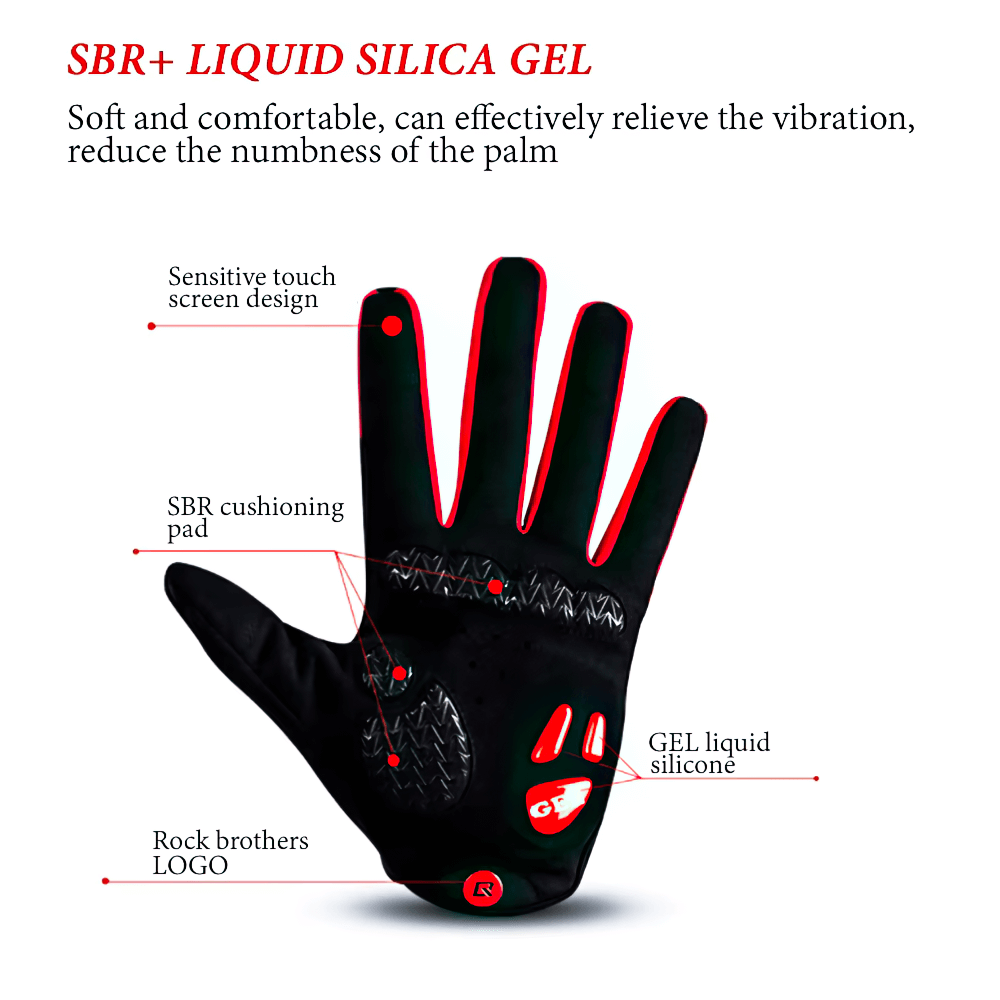 Full view of cycling glove showcasing SBR+ liquid silicone gel padding and touchscreen design for comfort and grip.