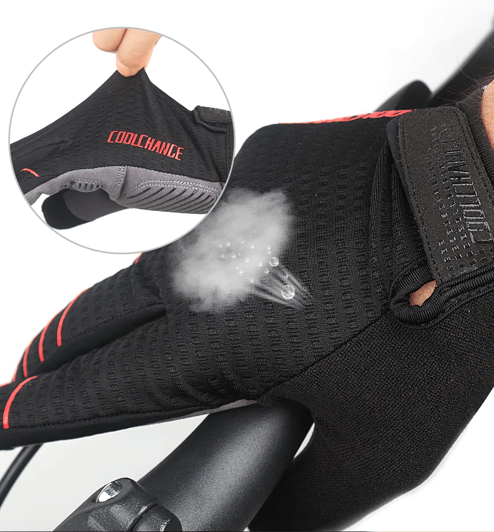 Full finger cycling gloves with breathable material and shock absorption, enhancing grip for comfort on long rides.