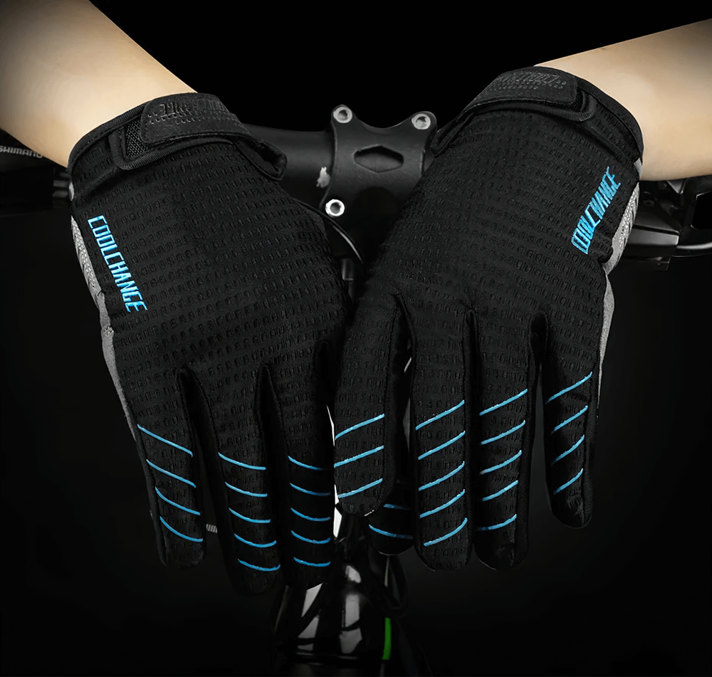 Full-finger cycling gloves showcasing shock absorption, breathable design, and anti-slip grip on bike handlebars.