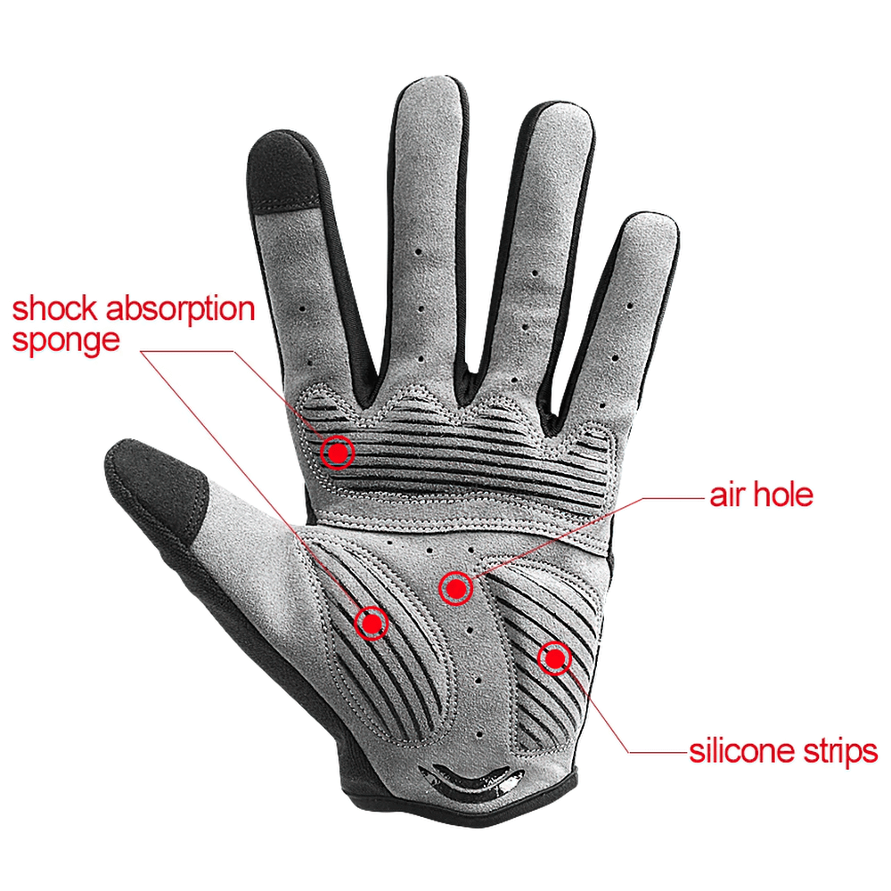 Full finger cycling glove showing shock absorption sponge, breathable air holes, and silicone strips for enhanced grip.