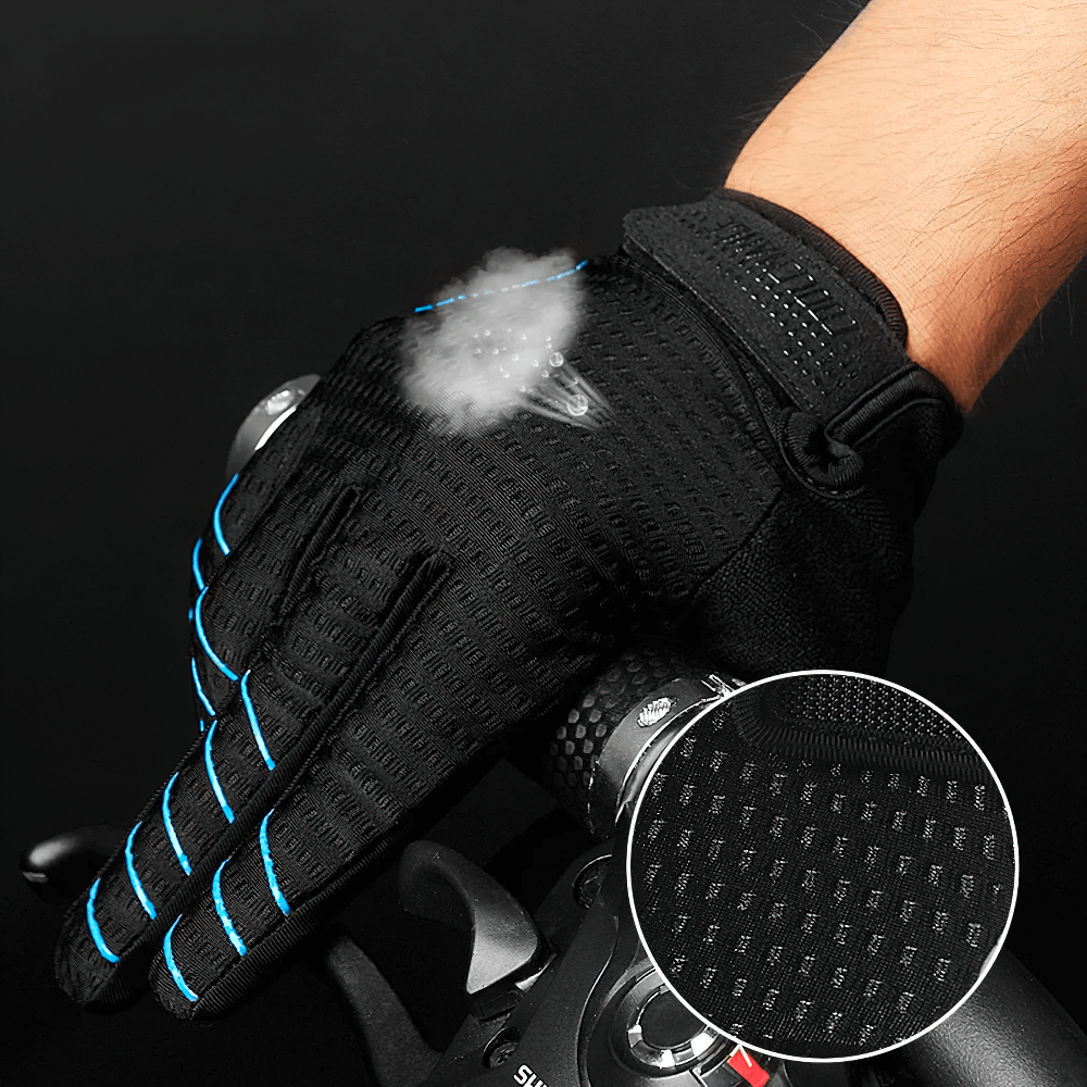 Full-finger cycling gloves with breathable mesh, silicone grip for biking comfort on a dark background.