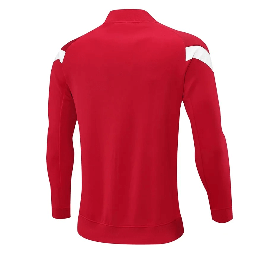 Red full zipper cycling jersey with reflective stripes and hooded collar, designed for men. Durable, breathable, anti-pilling polyester.