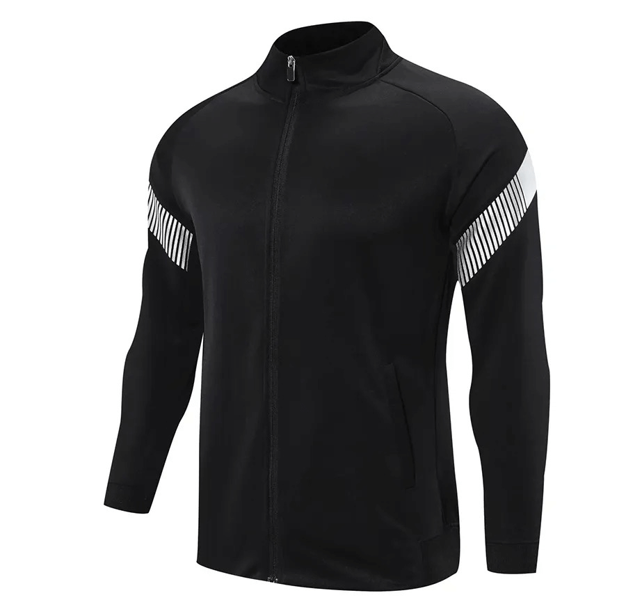 Men's full zipper cycling jersey with reflective stripes, hooded collar, polyester fabric, in black, ideal for cycling and running.