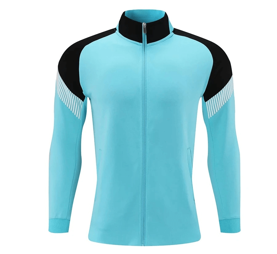 Full zipper blue cycling jersey with black and reflective stripes, hooded collar, breathable polyester, windproof, for male cyclists.