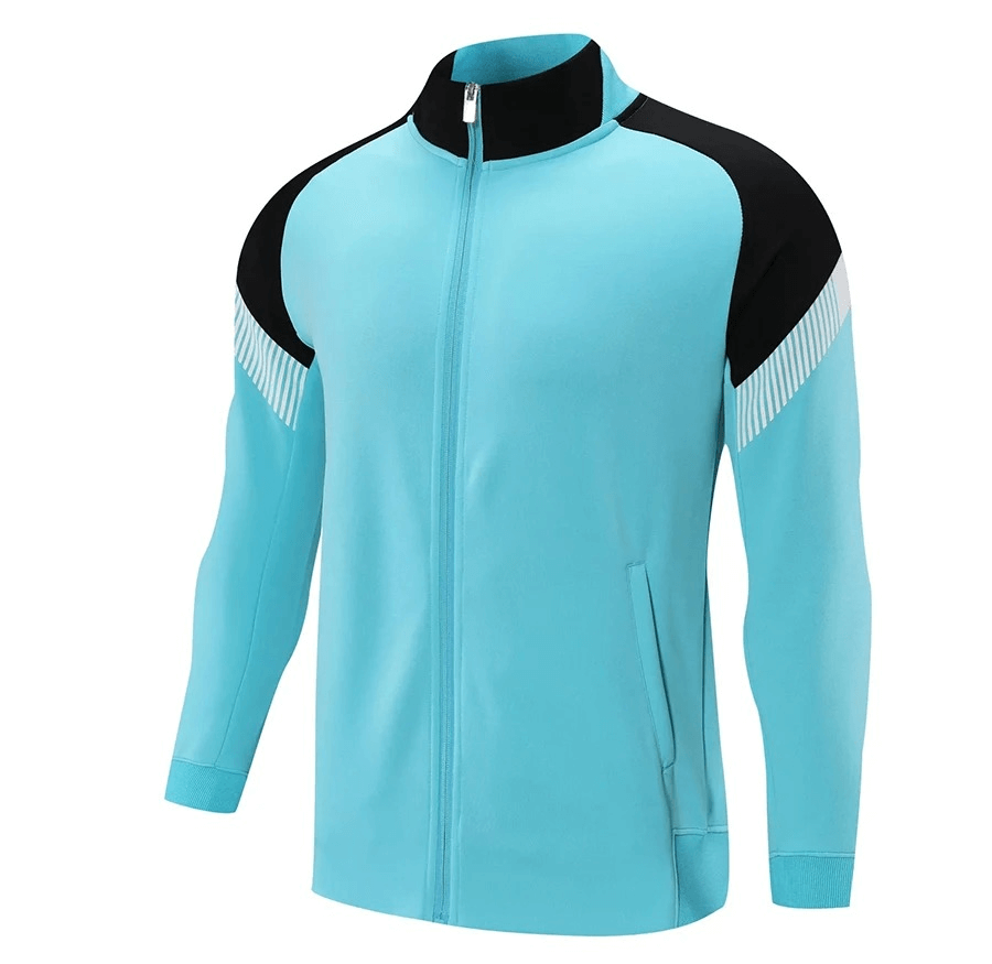 Light blue full zipper cycling jersey with reflective stripes, hooded collar, and black accents for breathability and windproof protection.