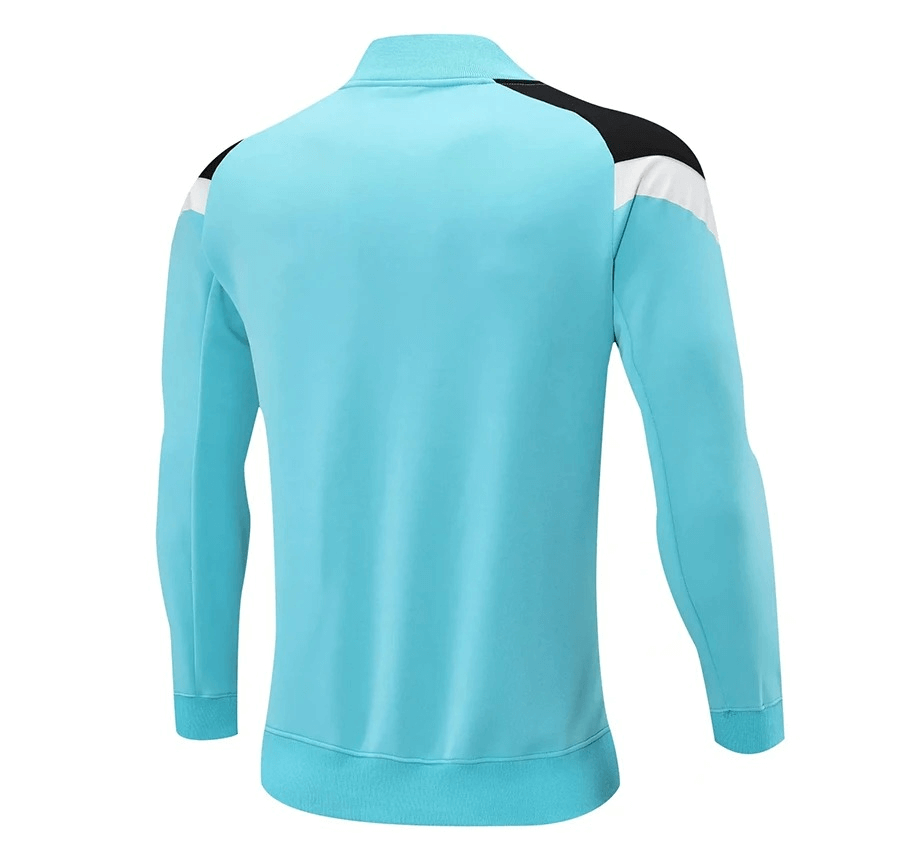 Back view of a light blue full zipper cycling jersey with reflective stripes, showcasing long sleeves and a sleek design for male cyclists.