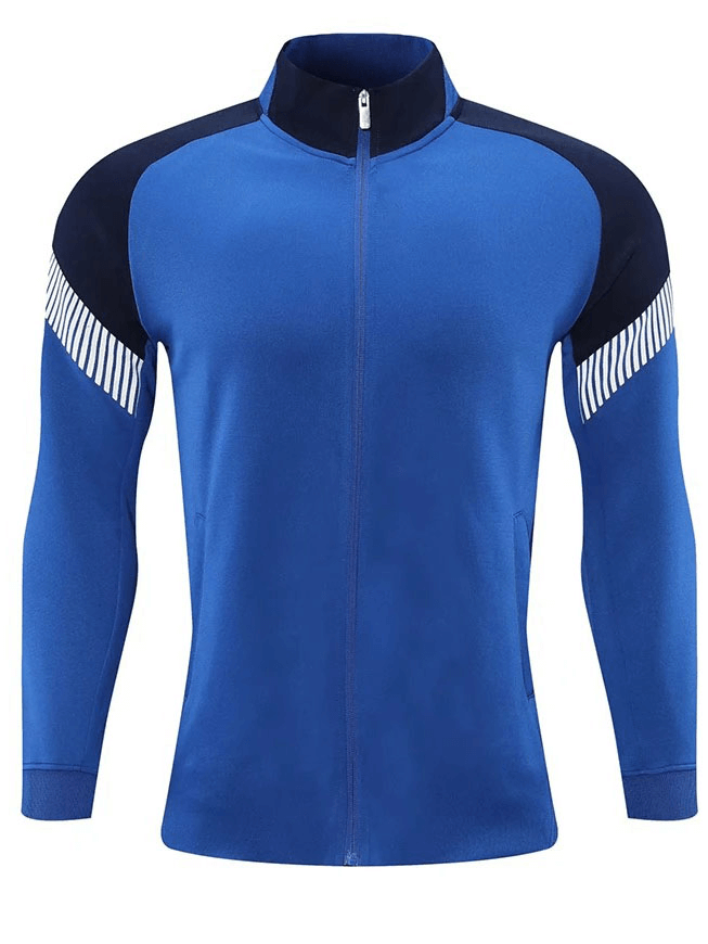 Men's full zipper cycling jersey with reflective stripes in blue, windproof polyester fabric, anti-pilling, anti-shrink, comfy fit.