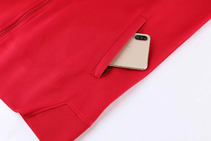 Red full zipper cycling jersey pocket with smartphone, highlighting convenience for male cyclists, SF1975 cycling gear.
