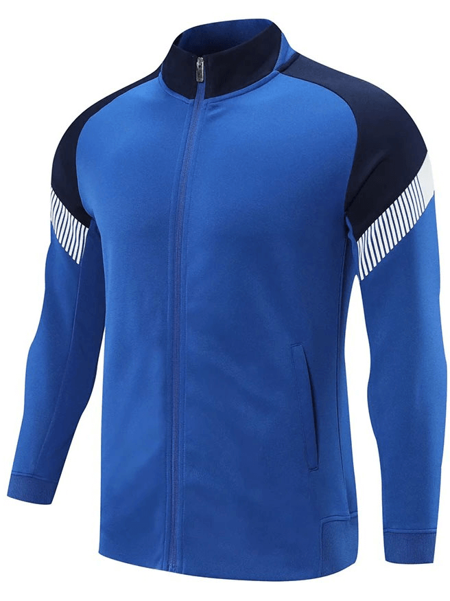 Blue full zipper cycling jersey with reflective stripes, windproof and breathable, perfect for male cyclists and runners.