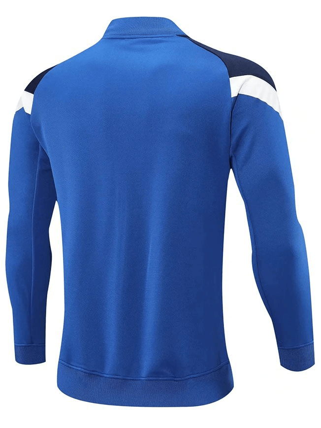 Back view of blue full zipper cycling jersey with reflective stripes and hooded collar.