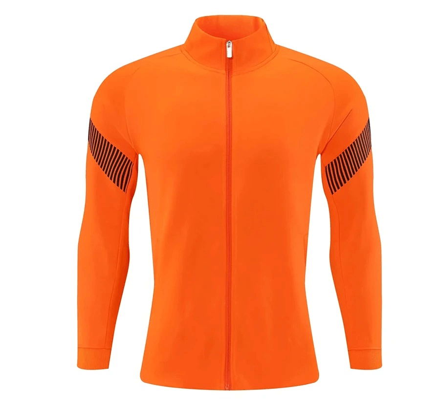 Orange full zipper cycling jersey with reflective stripes, hooded collar, for male cyclists. Breathable, windproof, durable. SF1975.