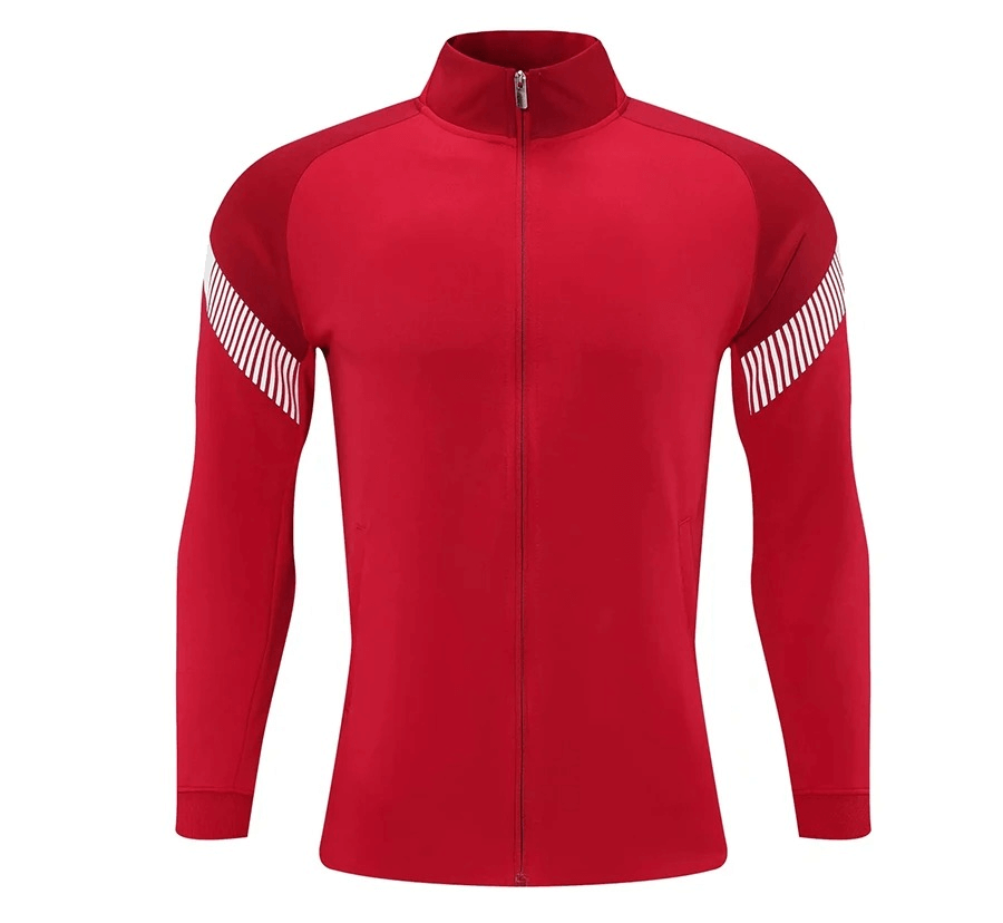 Red full zipper cycling jersey with reflective stripes for men, featuring a breathable, windproof design and anti-wrinkle technology.